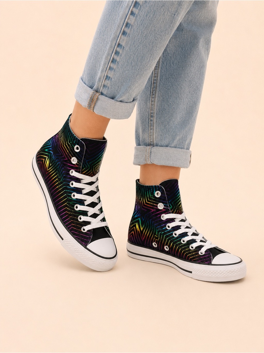 Converse Chuck Taylor All Star Black Rainbow Stars High Top Sneakers – Women’s 6